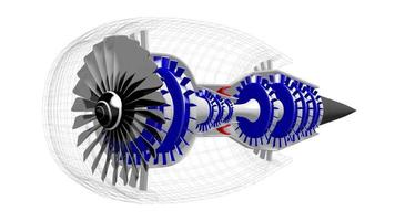 Working Jet Engine with Rotating Blades - 3D Wireframe Model on White Background video