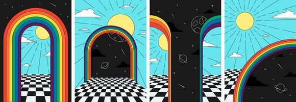 Retro groovy space in rainbow art poster set. Hippie style sun in surreal cosmic arch print collection. Vintage boho universe in abstract doorway banners. Trendy y2k pop culture geometric eps placard vector