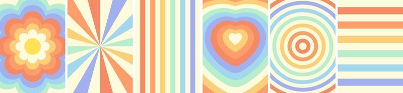 Retro groovy rainbow art background set. Psychedelic hippie style colorful swirl and waves poster collection. Vintage hippy flower and heart abstract banners. Trendy y2k pop culture bright geometric vector