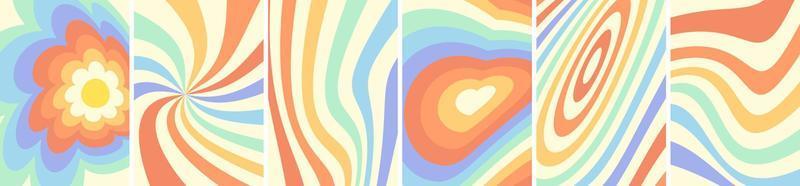 Retro groovy distorted rainbow art poster set. Psychedelic hippie style colorful twisted backgrounds with distortion. Vintage hippy flower and heart abstract eps banners. Trendy y2k pop culture bright vector