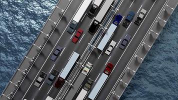 voitures roulant sur un pont - vue d'en haut, rotation et zoom arrière - concept de transport routier video