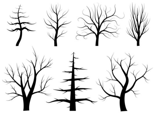 Black branch tree silhouette isolated set on white background, Hand drawn vector.