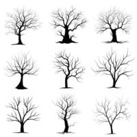 conjunto de siluetas de árbol de rama negra o árboles desnudos. ilustraciones aisladas dibujadas a mano. vector