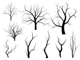 conjunto de siluetas de árbol de rama negra o árboles desnudos. ilustraciones aisladas dibujadas a mano. vector