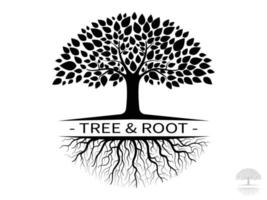 silueta de árbol y raíz aislada sobre fondo blanco. estilo de logotipo de árbol y raíces. vector