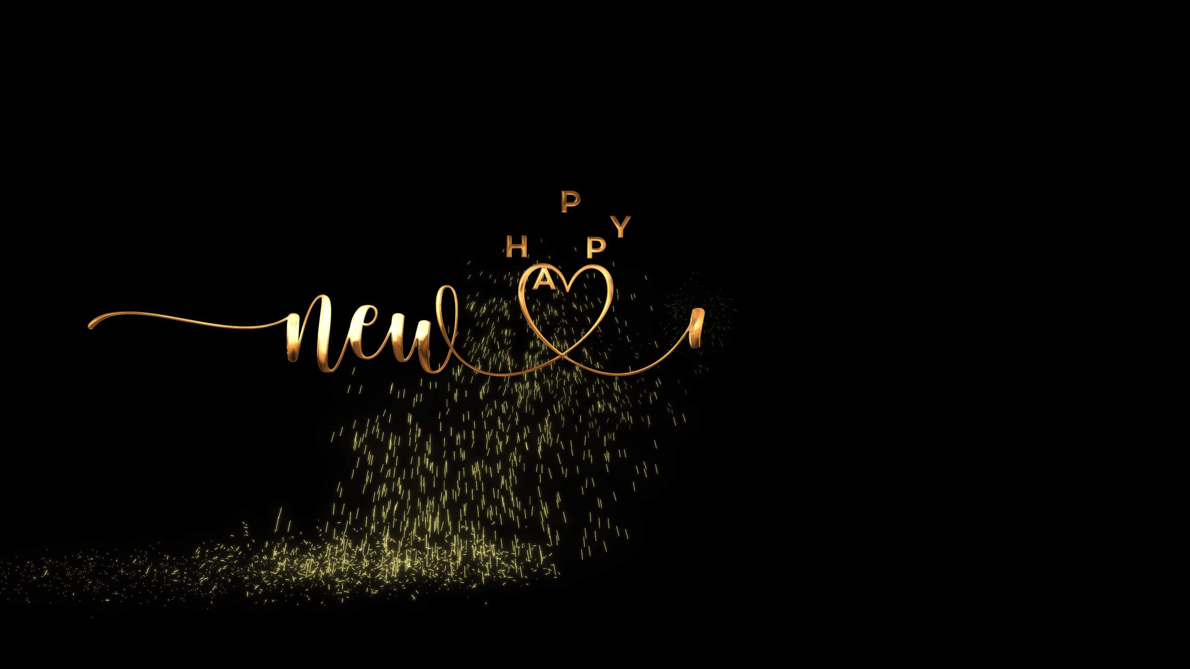 Happy New Year animated clip art with gold handwritten text and falling  particles on a sparkling floor on a black and green screen background is  perfect for your video celebration and messages.