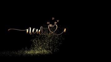 Happy New Year animated clip art with gold handwritten text and falling particles on a sparkling floor on a black and green screen background is perfect for your video celebration and messages.