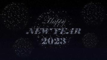 Happy New Year wishes appear as reveal text animation with fireworks, sparks, and explosion. Ideal for celebrations, events, messages, and holidays. New Year's animation text. video