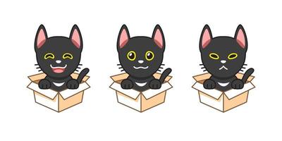 Vector cartoon illustration set of black cat showing different emotions in cardboard boxes