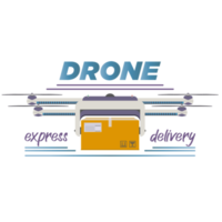 Logo of delivery copter flying with package box in the sky. Modern autonomous drone for order delivery. Colorful PNG illustration.