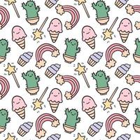 Vector seamless pattern with cute doodle isolated illustrations. Stickers with cactus and rainbow, ice cream cone. Decoration for background or wrapping paper.