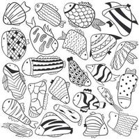 Vector doodle illustration. Black and white cartoon fish of different shapes, with patterns. Background decoration, stickers.