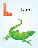 plantilla de banner para niños con letra del alfabeto inglés l e imagen de dibujos animados de lagarto rayado anfibio verde. vector