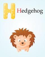 Kids banner template with english alphabet letter H and cartoon image of a cute forest hedgehog with needles. vector