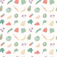 Vector illustration of a group of cartoon objects. Seamless pattern, healthy food with vitamins and minerals. Vegetables, fruits and cereals. Background decoration.