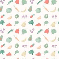 Vector illustration of a group of cartoon objects. Seamless pattern, healthy food with vitamins and minerals. Vegetables, fruits and cereals. Background decoration.