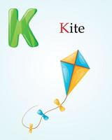 plantilla de banner para niños con letra k del alfabeto inglés e imagen de dibujos animados de cometa voladora de juguete para niños en una cuerda con arcos. vector