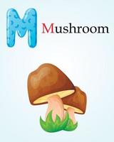 Kids banner with english alphabet letter M and cartoon image of forest porcini mushroom in the grass. vector