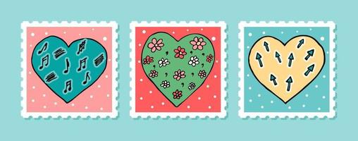 colección de sellos de San Valentín vectorial en estilo garabato. corazones dibujados a mano con flores, símbolos musicales y marcas de flores vector