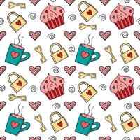 Vector Valentines day seamless pattern in doodle style. Hand drawn cupcake, heart, hot drink, and lock with key