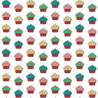 Vector doodle cupcakes seamless pattern. Hand drawn muffins with hearts on pink repeated backdrop