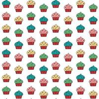 Vector doodle cupcakes seamless pattern. Hand drawn muffins with hearts on pink repeated backdrop