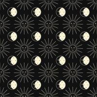 Celestial vector seamless pattern with linear Sun and Crescent. Esoteric endless print on dark