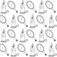 Vector seamless pattern with linear candle and handle mirror. Outline esoteric items in repeated print