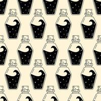 Magic potion in a jar vector seamless pattern. Glyph glass bottle with black liquid on beige backdrop