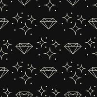Linear diamond and stars on black vector seamless pattern. Outline gem stone and starry sky endless print
