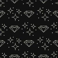 Linear diamond and stars on black vector seamless pattern. Outline gem stone and starry sky endless print