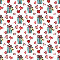 Vector seamless pattern with hearts, gift box and tag Love. Doodle Valentine's Day repeated pattern on white