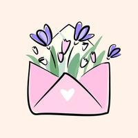 Envelope flowers Crocus. Spring flowers bouquet. Valentine's Day. March holiday woman. Romance. vector