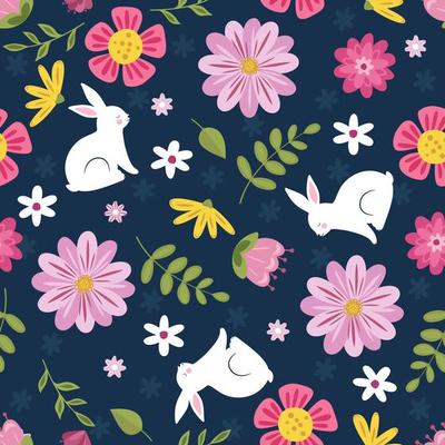 Cute seamless pattern with white bunny and beautiful flowers