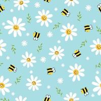 Seamless funny pattern with smile chamomile with bee on blue background. Print for fabric and wrapping paper. vector