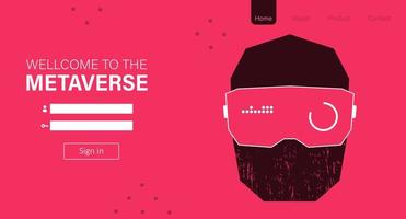 Metaverse landing page. Man with virtual reality VR goggle playing AR augmented reality game and entertainment, NFT game futuristic lifestyle vector