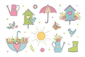 Set of Spring flat elements isolated on white background. Hand drawn vector illustration of bird, water can, birdhouse, umbrella, boot and flowers.