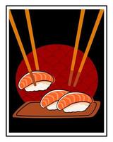 Salmon sushi set with vintage dark background and chopsticks. Japanese food concept banner. vector