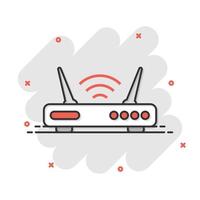 icono de enrutador wifi en estilo cómico. ilustración vectorial de dibujos animados de banda ancha sobre fondo blanco aislado. concepto de negocio de efecto de salpicadura de conexión a Internet. vector