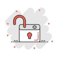 Locker icon in comic style. Padlock password cartoon vector illustration on white isolated background. Key unlock splash effect business concept.