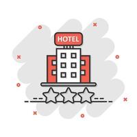 icono de signo de hotel 3 estrellas en estilo cómico. Posada edificio ilustración vectorial de dibujos animados sobre fondo blanco aislado. concepto de negocio de efecto de salpicadura de habitación de albergue. vector