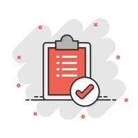 To do list icon in comic style. Document checklist cartoon vector illustration on white isolated background. Notepad check mark splash effect business concept.