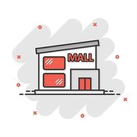 icono de centro comercial en estilo cómico. almacenar ilustración vectorial de dibujos animados sobre fondo blanco aislado. concepto de negocio de efecto de salpicadura de tienda. vector