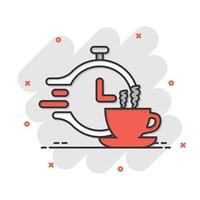 Coffee break icon in comic style. Clock with tea cup cartoon vector illustration on white isolated background. Breakfast time splash effect business concept.