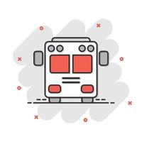 Bus icon in comic style. Coach car cartoon vector illustration on white isolated background. Autobus splash effect business concept.