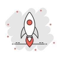 Rocket icon in comic style. Spaceship launch cartoon vector illustration on white isolated background. Sputnik splash effect business concept.