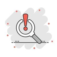 Risk analysis icon in comic style. Exclamation magnifier cartoon vector illustration on white isolated background. Attention splash effect business concept.