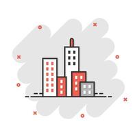 Building icon in comic style. Town skyscraper apartment cartoon vector illustration on white isolated background. City tower splash effect business concept.