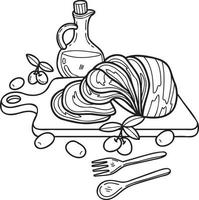 Hand Drawn sliced ham on a wooden chopping board illustration in doodle style vector