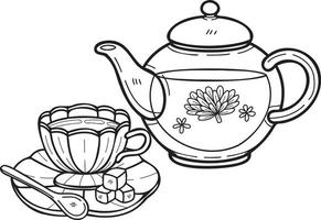 ilustración de juego de té de estilo inglés dibujado a mano en estilo doodle vector